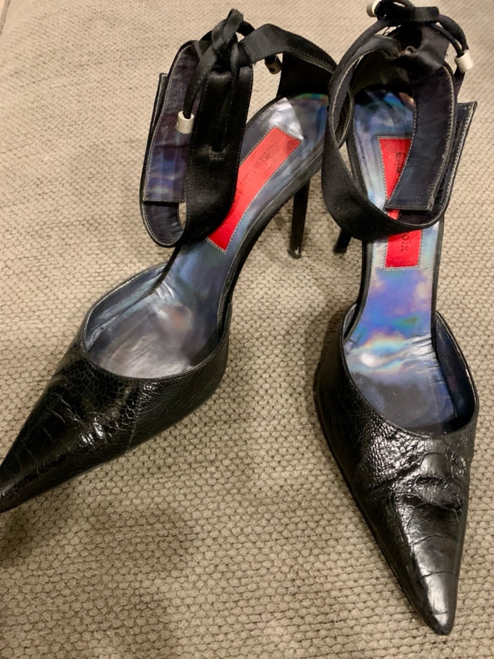 Christian Lacroix Black Eel and satin, Pointed-Toe Ankle-Strap Stiletto Heels
